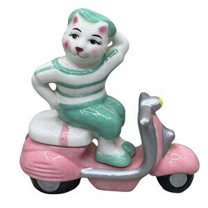Vintage Clay Art Anthropomorphic French Beret Cat Scooter Salt & Pepper Shakers